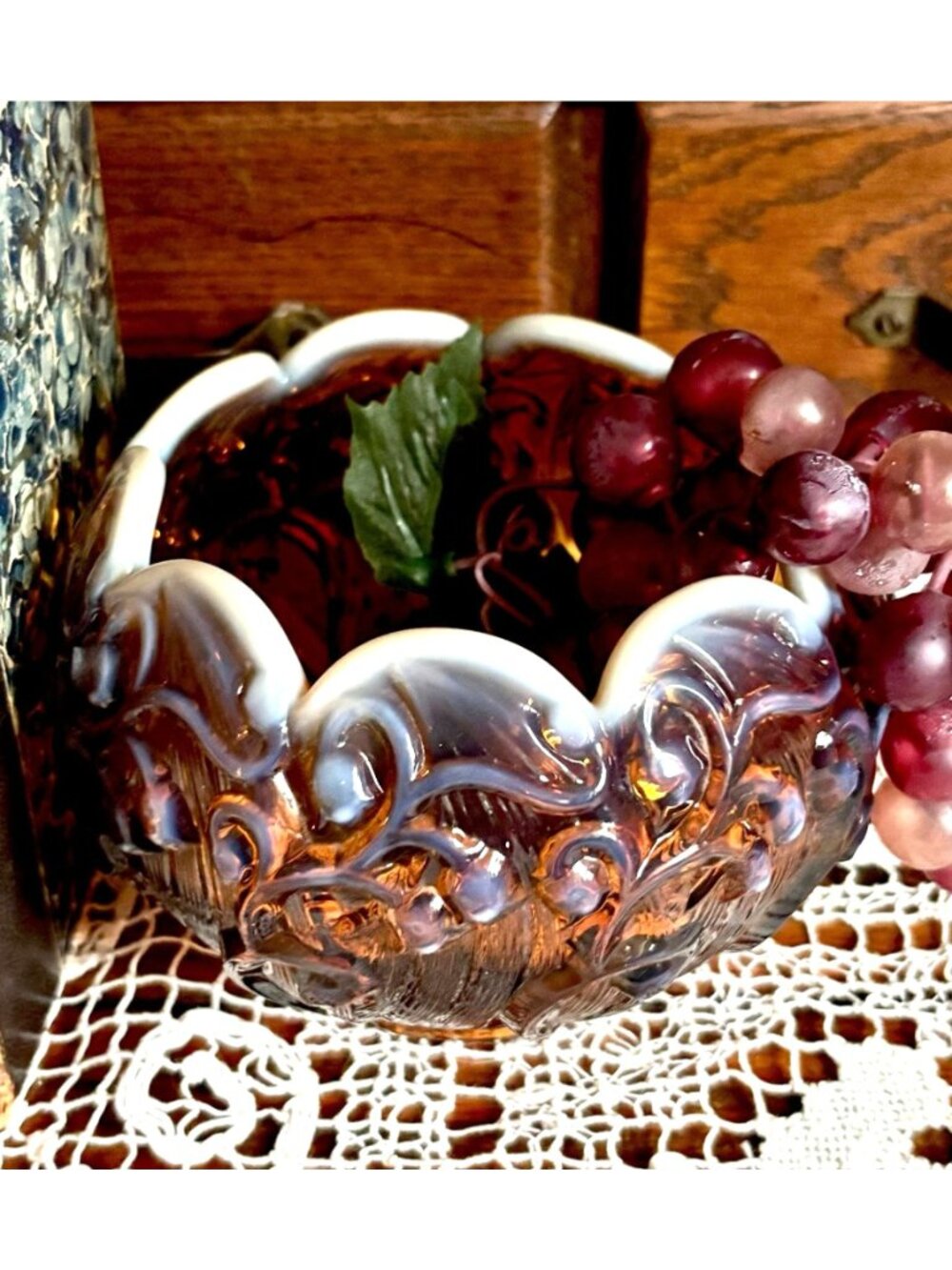 Vintage Fenton Amber Glass Rose Bowl Lily of Val;ey | Silver Crest Style Ruffled - Picture 2 of 9